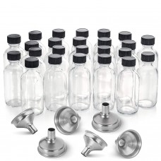 24, 2 oz Small Clear Glass Bottles (60ml) with Lids & 3 Stainless Steel Funnels - Boston Round Sample Bottles for Potion, Juice, Ginger Shots, Oils, Whiskey, Liquids - Mini Travel Bottles, NO Leakage