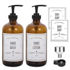 16oz Glass Soap Dispenser with Pump for Kitchen Sink and Bathroom - Amber Soap Pump Bottle with Funnel and 4 White Waterproof Labels for Hand Soap, Lotion, Dish Soap, Body Soap, Mixing Essential Oils