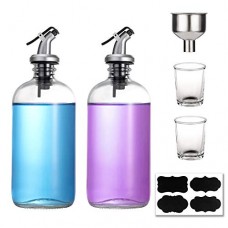 16-Ounce Glass Mouthwash Dispenser - Clear Glass Bottle with Pour Spout, Shot Glass, Funnel and Labels, Refillable Brown Boston Round Bottles for Mouthwash, Liquid Soap, Dish Soap, Lotion - 2 Pack