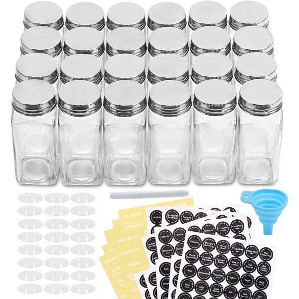 24 Pcs Glass Spice Jars with 808 Labels,4oz Empty Spice Bottles,Seasoning  Containers with Shaker Lids Airtight Metal Caps Stainless,Silicone  Collapsible Funnel, Brush,2 Salt/Pepper Grinder