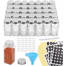 AOZITA 36 Pcs Glass Spice Jars with Spice Labels - 4oz Empty Square Spice Bottles - Shaker Lids and Airtight Metal Caps - Chalk Marker and Silicone Collapsible Funnel Included