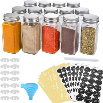 AOZITA 14 Pcs Glass Spice Jars with Spice Labels - 4oz Empty Square Spice Bottles - Shaker Lids and Airtight Metal Caps - Chalk Marker and Silicone Collapsible Funnel Included
