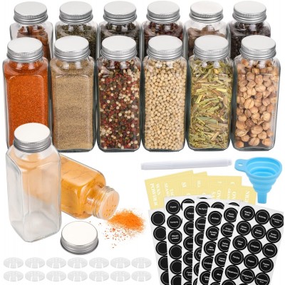 Aozita 14 Pcs Glass Spice Jars with Spice Labels - 8oz Empty Square Spice Bottles - Shaker Lids and Airtight Metal Caps - Chalk Marker and Silicone Collapsible Funnel Included