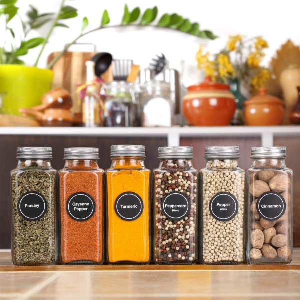 14 Pcs Glass Spice Jars with Spice Labels - 4oz Empty Square Spice Bottles  - Shaker Lids and Airtight Metal Caps