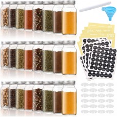 Aozita 24 Pcs Glass Spice Jars/Bottles - 6oz Empty Square Spice Containers with Spice Labels - Shaker Lids and Airtight Metal Caps - Silicone Collapsible Funnel Included