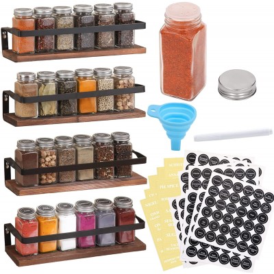 Aozita 4 Pack Spice Rack with Jars, 25 Glass Spice Jars, Hanging Spice Rack for Cabinet, Space Saving Rustic Wood Floating Shelves - Spice Labels Chalk Marker and Silicone Collapsible Funnel Included