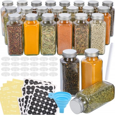 Aozita 24 Pcs Glass Spice Jars with Spice Labels - 8oz Empty Square Spice Bottles - Shaker Lids and Airtight Metal Caps - Chalk Marker and Silicone Collapsible Funnel Included