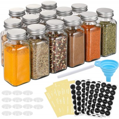 Aozita 14 Pcs Glass Spice Jars with Spice Labels - 6oz Empty Square Spice Bottles - Shaker Lids and Airtight Metal Caps - Chalk Marker and Silicone Collapsible Funnel Included