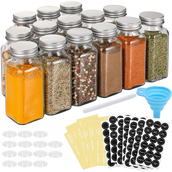 14 Pcs Glass Spice Jars with Spice Labels - 4oz Empty Square Spice