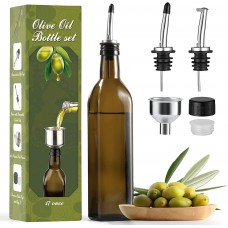 AOZITA 17oz Glass Olive Oil Dispenser - Oil and Vinegar Cruet Bottle with Stainless Steel Pourers - Funnel For Easy Refill - Olive Oil Carafe Decanter for Kitchen