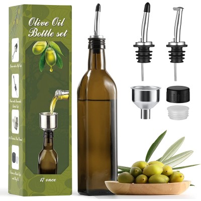 AOZITA 17oz Glass Olive Oil Dispenser - Oil and Vinegar Cruet Bottle with Stainless Steel Pourers - Funnel For Easy Refill - Olive Oil Carafe Decanter for Kitchen