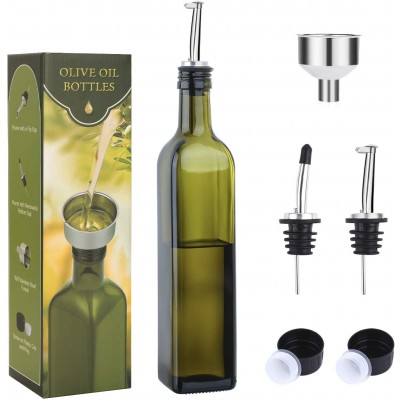 AOZITA 17oz Glass Olive Oil Bottle - 500ml Green Oil & Vinegar Cruet with Pourers and Funnel - Olive Oil Carafe Decanter for Kitchen