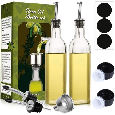 [2 PACK]Aozita 17 oz Glass Olive Oil Dispenser Bottle Set - 500ml Clear Oil & Vinegar Cruet Bottle with Pourers, Funnel and Labels - Olive Oil Carafe Decanter for Kitchen