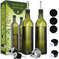 [2 PACK]Aozita 17 oz Glass Olive Oil Dispenser Bottle Set - 500ml Dark Green Oil & Vinegar Cruet Bottle with Pourers, Funnel and Labels - Olive Oil Carafe Decanter for Kitchen