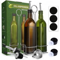 Aozita 17oz Olive Oil Dispenser Bottle Set with Stainless Steel Holder Rack - 500ml Glass Oil & Vinegar Cruet with No-drip Pourers, Funnel, and Labels - Dark Green & Brown