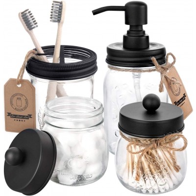 Mason Jar Bathroom Accessories Set 4 - Mason Jar Soap Dispenser & 2 Apothecary Jars & Toothbrush Holder - Rustic Farmhouse Restroom, Bathroom Home Decor Clearance, Countertop Vanity Organizer, Black