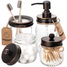 Mason Jar Bathroom Accessories Set 4 - Oil Rubbed Bronze - Mason Jar Soap Dispenser & 2 Apothecary Jars & Toothbrush Holder - Rustic Farmhouse Bathroom Home Decor Clearance, Countertop Organizer