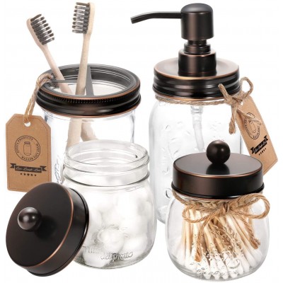 Mason Jar Bathroom Accessories Set 4 - Oil Rubbed Bronze - Mason Jar Soap Dispenser & 2 Apothecary Jars & Toothbrush Holder - Rustic Farmhouse Bathroom Home Decor Clearance, Countertop Organizer