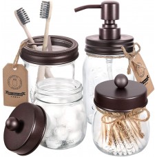 Mason Jar Bathroom Accessories Set 4 - Bronze - Mason Jar Soap Dispenser & 2 Apothecary Jars & Toothbrush Holder - Rustic Farmhouse Restroom, Bathroom Home Decor Clearance, Countertop Vanity Organizer