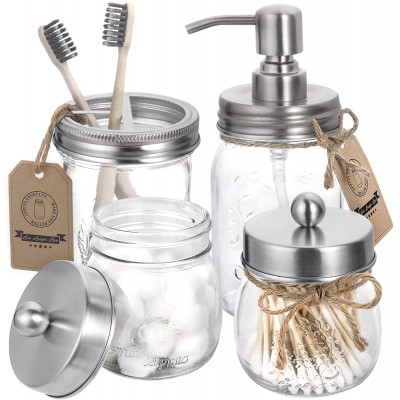 Mason Jar Bathroom Accessories Set 4 - Mason Jar Soap Dispenser & 2 Apothecary Jars & Toothbrush Holder - Rustic Farmhouse Restroom, Bathroom, Home Decor Clearance Organizer - Brushed Nickel (Silver)