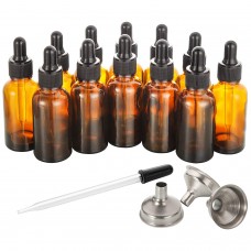 12, 1 oz Dropper Bottles for Essential Oils with 3 Stainless Steel Funnels & 1 Long Glass Dropper - 30ml Amber Glass Bottles with Eye Droppers - Tincture Bottles, Leak Proof Travel Bottles for Liquids