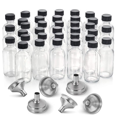 36, 2 oz Small Clear Glass Bottles (60ml) with Lids & 3 Stainless Steel Funnels - Boston Round Sample Bottles for Potion, Juice, Ginger Shots, Oils, Whiskey, Liquids - Mini Travel Bottles, NO Leakage
