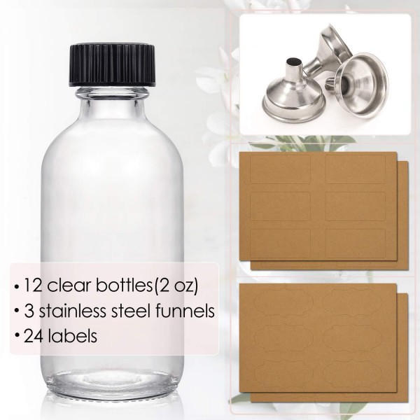 8 Pack, 2 oz Small Clear Glass Bottles with Lids & 2 Stainless Steel  Funnels - 60ml Boston Sample Bo…See more 8 Pack, 2 oz Small Clear Glass  Bottles