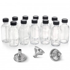 12, 2 oz Small Clear Glass Bottles (60ml) with Lids & 3 Stainless Steel Funnels - Boston Round Sample Bottles for Potion, Juice, Ginger Shots, Oils, Whiskey, Liquids - Mini Travel Bottles, NO Leakage