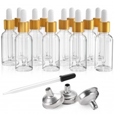 12 Pcs, 1 oz Dropper Bottles (30ml) with 3 Funnels & 1 Long Dropper - Clear Glass Bottles for Essential Oils with Eye Droppers - Tincture Bottles, Leak Proof Travel Bottles for Liquids, Golden Cap