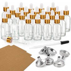 24 Pcs, 1 oz Dropper Bottles (30ml) with 6 Funnels & 1 Long Dropper - Clear Glass Bottles for Essential Oils with Eye Droppers - Tincture Bottles, Leak Proof Travel Bottles for Liquids, Golden Cap