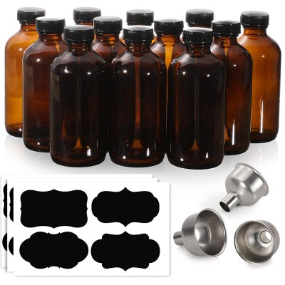 [ 12 Pack, 8 OZ ] Glass Amber Bottles with Black Poly Cone Cap & 3 Stainless Steel Funnels & 12 Labels - 240ml Boston Round Sample Bottles, Brown Glass Apothecary Bottles