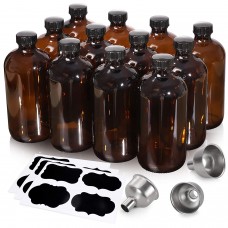 [ 12 Pack, 16 oz ] Glass Amber Bottles with Black Poly Cone Cap & 3  Stainless Steel Funnels & 12 Labels - 480ml Boston Round Sample Bottles,  Brown