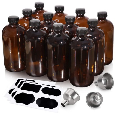 [ 12 Pack, 16 OZ ] Glass Amber Bottles with Black Poly Cone Cap & 3 Stainless Steel Funnels & 12 Labels - 480ml Boston Round Sample Bottles, Brown Glass Apothecary Bottles
