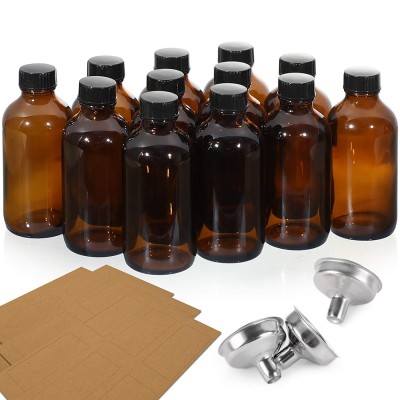 12 Pack, 4 OZ Glass Amber Bottles with Black Poly Cone Cap & 3 Stainless Steel Funnels & 12 Labels - 120ml Boston Round Sample Bottles, Brown Glass Apothecary Bottles