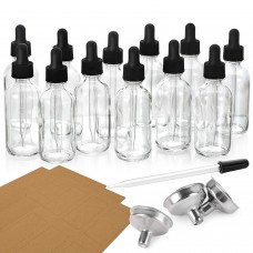 12 Pack, 2 oz Glass Dropper Bottle with 3 Stainless Steel Funnels & 1 Long Glass Dropper - 60ml Clear Glass Tincture Bottles with Eye Droppers for Essential Oils, Liquids - Leakproof Travel Bottles