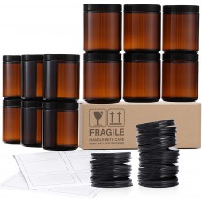 12 Pack, 8 OZ Thick Amber Round Glass Jars with 12 Metal Lids & 12 Plastic Lids - Empty Candle Jar, Food Storage Containers, Canning Jar For Spice, Powder, Liquid, Sample - Leakproof & Dishwasher Safe