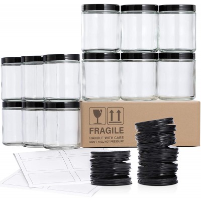 12 Pack, 8 OZ Thick Glass Jars with Lids, Clear Round Candle Jars with 12 Metal Lids & 12 Plastic Lids - Empty Food Storage Containers, Canning Jar For Spice, Powder, Liquid, Sample - Dishwasher Safe