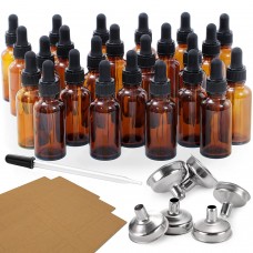 24, 1 oz Dropper Bottles for Essential Oils with 6 Stainless Steel Funnels & 1 Long Glass Dropper - 30ml Amber Glass Bottles with Eye Droppers - Tincture Bottles, Leak Proof Travel Bottles for Liquids