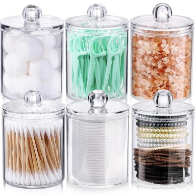 6 Pack Qtip Holder Dispenser for Cotton Ball & Swab & Round Pads with 12 Labels - Premium Clear Plastic Apothecary Jar Set, Bathroom Canister Storage Organization, Vanity Makeup Organizer