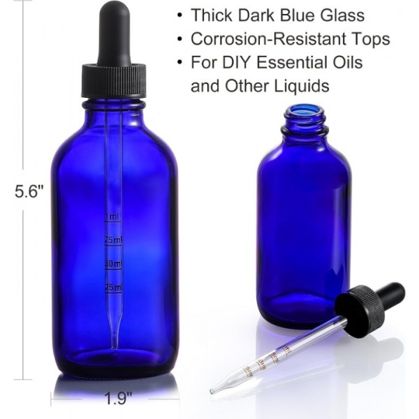 4 Pack 4oz Glass Dropper Bottles with Measured Dropper - 120ml Dark Blue Tincture Bottles with Calibrated Glass Eye Droppers (1ml), Leakproof Essential Oils Bottles for Health, Personal Care & Beauty