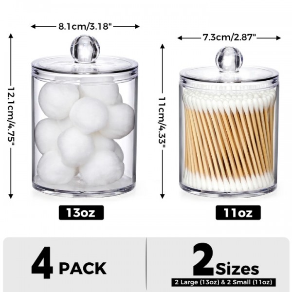 4 Pack Acrylic Qtip Holder Dispenser for Cotton Swabs, Balls, Pads, Floss Picks- Small Clear Acrylic Canister Apothecary Jar Set, Bathroom Essentials Accessories Decor, Vanity Makeup Storage Organizer