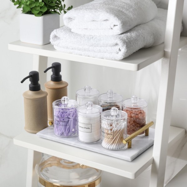 4 Pack Acrylic Qtip Holder Dispenser for Cotton Swabs, Balls, Pads, Floss Picks- Small Clear Acrylic Canister Apothecary Jar Set, Bathroom Essentials Accessories Decor, Vanity Makeup Storage Organizer