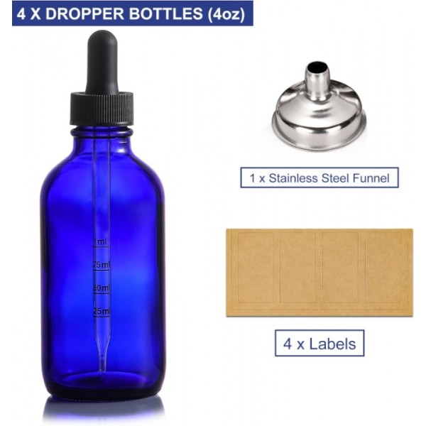4 Pack 4oz Glass Dropper Bottles with Measured Dropper - 120ml Dark Blue Tincture Bottles with Calibrated Glass Eye Droppers (1ml), Leakproof Essential Oils Bottles for Health, Personal Care & Beauty